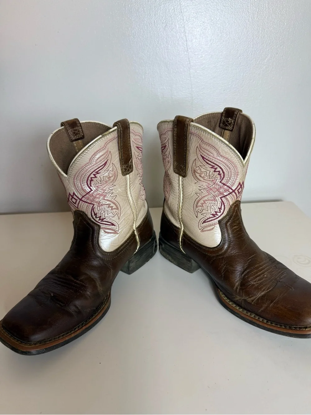 Ariat Kids Fatbaby Brown Leather Western Cowboy Boots Square Toe Cream Shaft